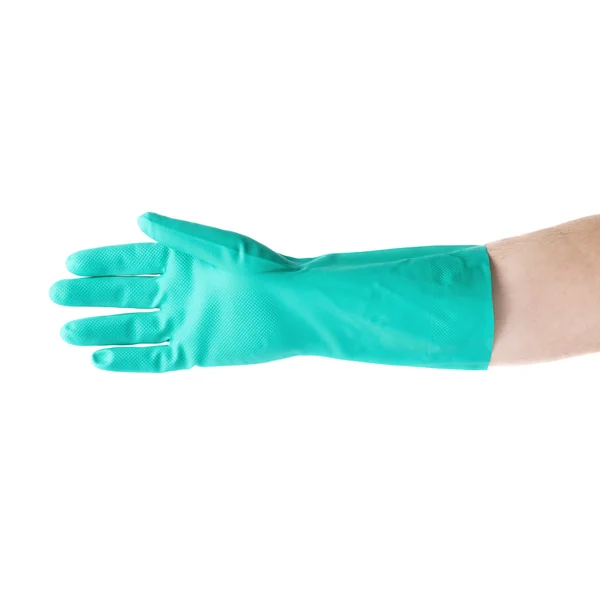 Hand in rubber latex glove with counting one pointing finger sign gesture over white isolated