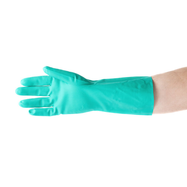Hand in rubber latex glove over white isolated background