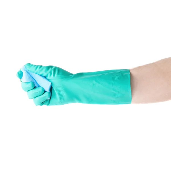 Hand in rubber latex glove holding kitchen sponge over white isolated background — Stock Photo, Image