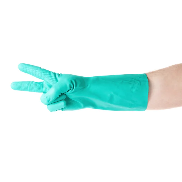 Hand in Gummi-Latex-Handschuh mit Geste eines Zwei-Finger-Siegeszeichens über weißem isoliertem Hintergrund — Stockfoto