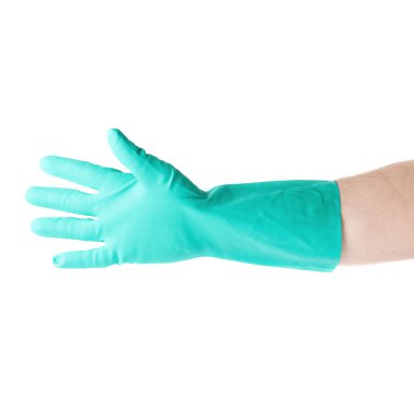 Beyaz izole arka plan üzerinde beş parmak gösteren jest ile kauçuk lateks eldiven el