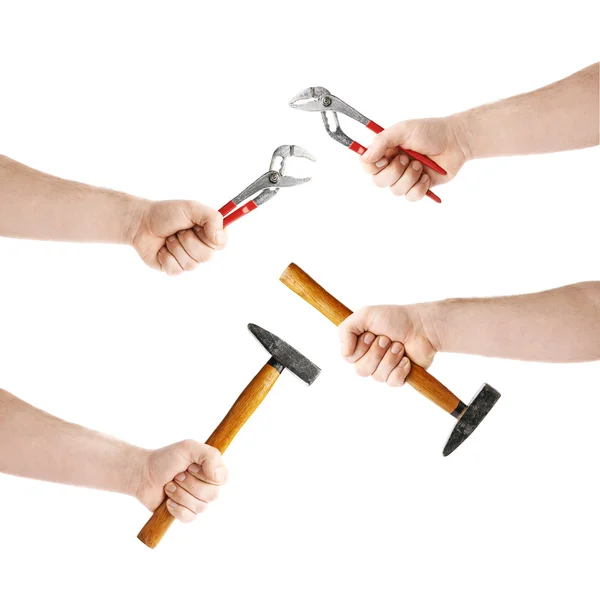 Set of hand holding a working tool, composition isolated over the white background — Stock Photo, Image