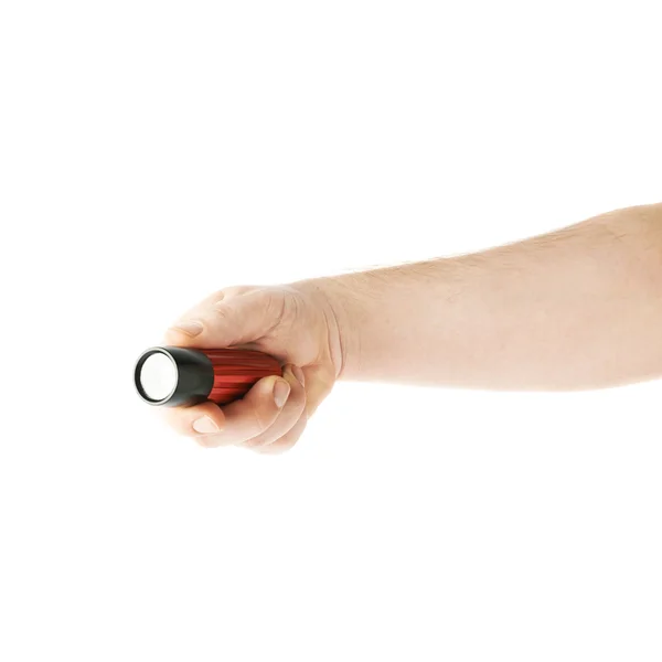 Hand holding a flashlight torch, composition isolated over the white background — Stock Photo, Image