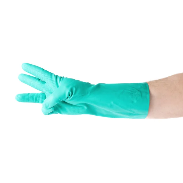 Hand in rubber latex glove with gesture showing three fingers over white isolated background — Stock Photo, Image