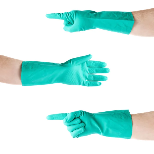 Satz Hände in Gummi-Latex-Handschuh über weißem isoliertem Hintergrund — Stockfoto