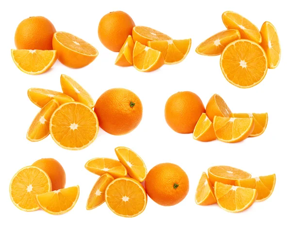 Composição de frutas laranja servida isolado sobre o fundo branco, conjunto de diferentes foreshortenings — Fotografia de Stock