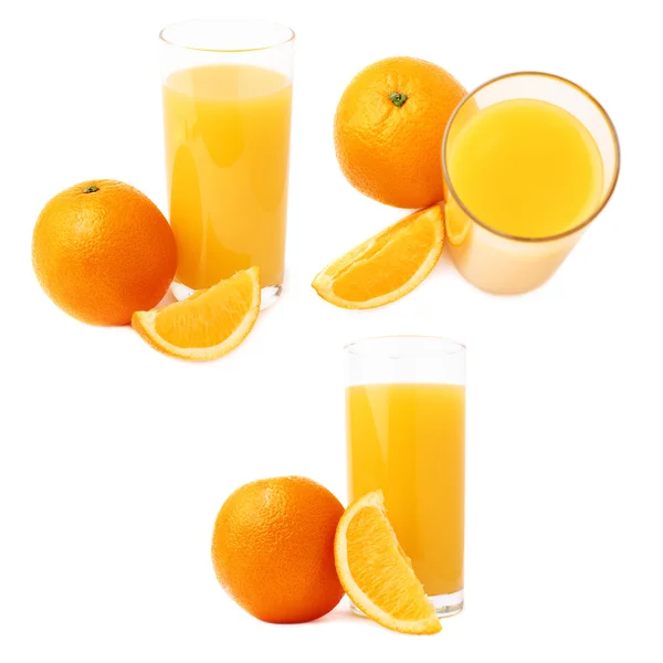 Vidrio alto lleno de zumo de naranja y frutas, composición aislada, juego de diferentes escorzos —  Fotos de Stock