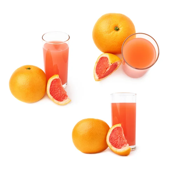 グレープフルーツジュースとフルーツで満たされた背の高いガラス、白い背景の上に分離された組成物 — ストック写真