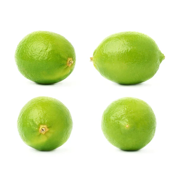Zestaw czterech pojedynczych limonki w różnych kompozycjach i foreshortenings, izolowane na białym tle — Zdjęcie stockowe