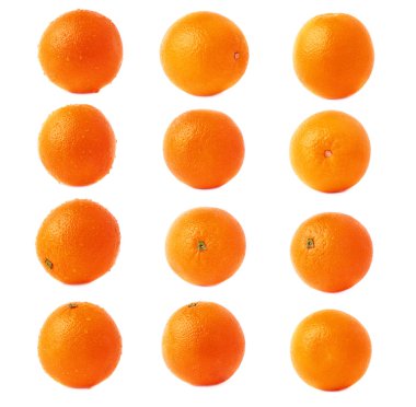 Portakal meyve birden fazla su damlası ile kaplı, beyaz arka plan üzerinde izole, farklı foreshortenings kümesi