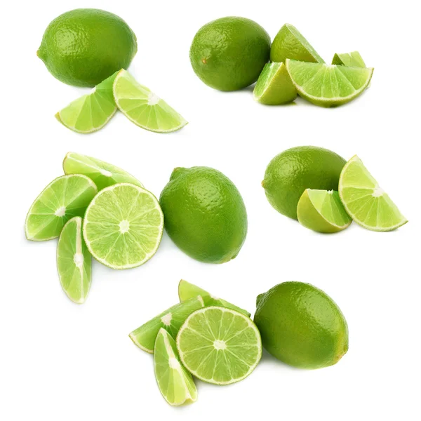 Szolgált lime gyümölcs összetétele izolált a fehér háttér, meg a különböző foreshortenings — Stock Fotó