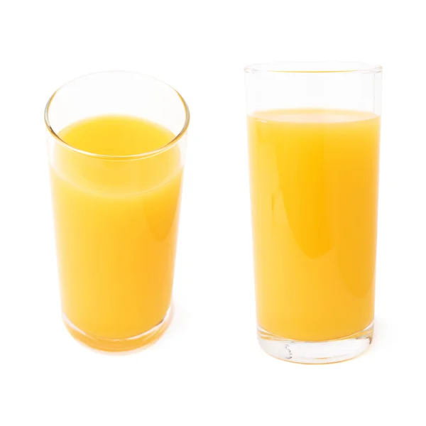 Vidro alto com o suco de laranja isolado sobre o fundo branco, conjunto de diferentes foreshortenings — Fotografia de Stock