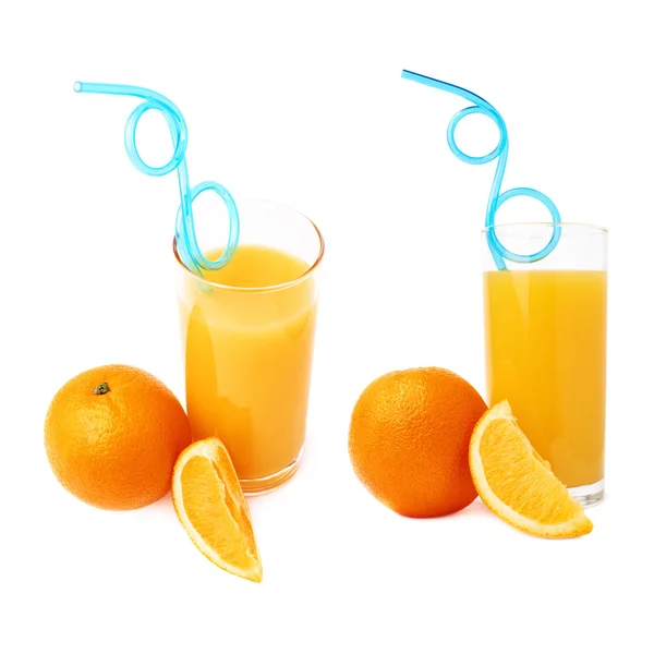 Tall glass filled with the orange juice with curved blue plastic drinking straw inside and fruits, composition isolated, set of different foreshortenings — Stock Photo, Image