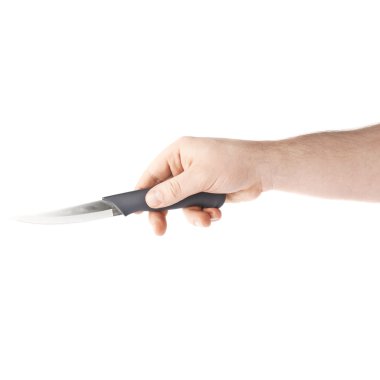 El tutan bir bıçak, kompozisyon beyaz arka plan üzerinde izole