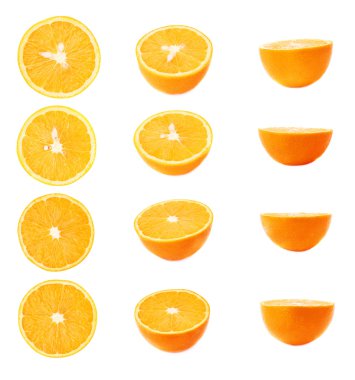 Beyaz arka plan üzerinde izole yarısında Olgun turuncu kesim, farklı foreshortenings kümesi