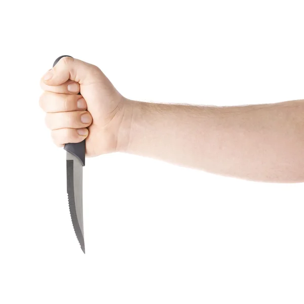 Mano sosteniendo un cuchillo, composición aislada sobre el fondo blanco — Foto de Stock