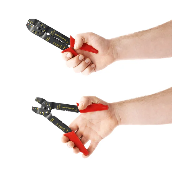 Set of hand holding a wire stripper tool, composition isolated over the white background — Stock Photo, Image