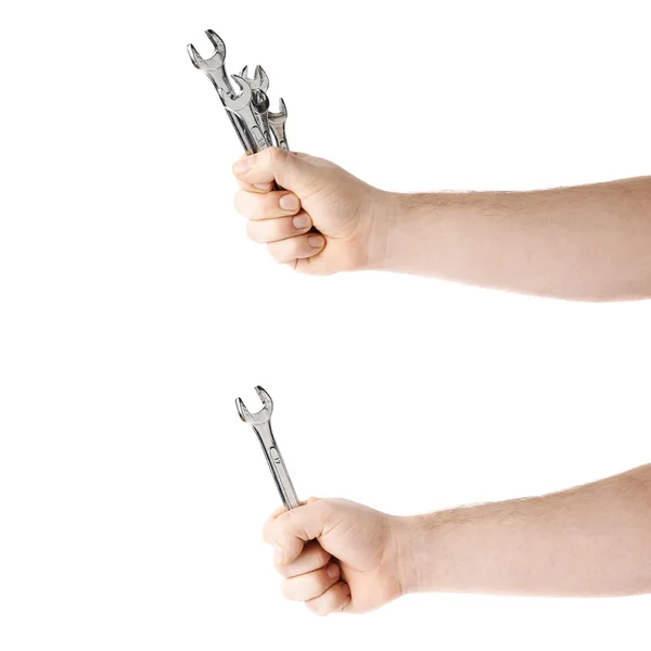 Conjunto de mão segurando uma chave ferramentas, composição isolada sobre o fundo branco — Fotografia de Stock