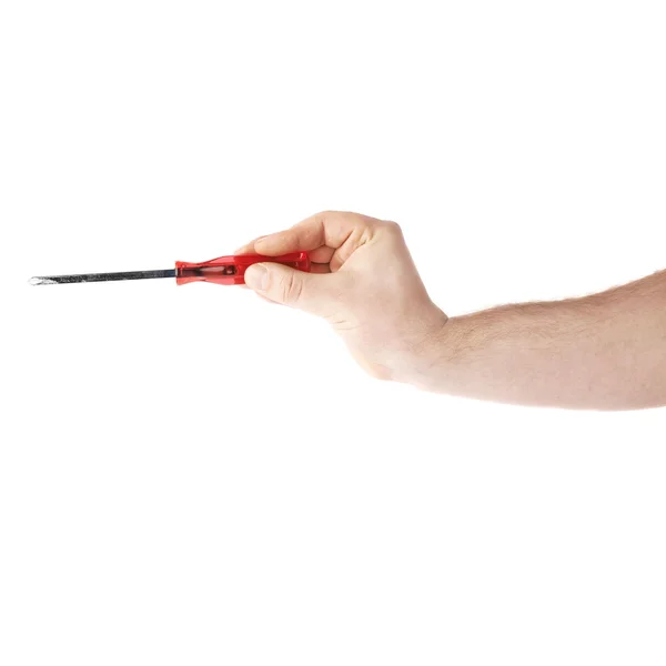 Hand hält ein Schraubendreherwerkzeug, Zusammensetzung isoliert über dem weißen Hintergrund — Stockfoto