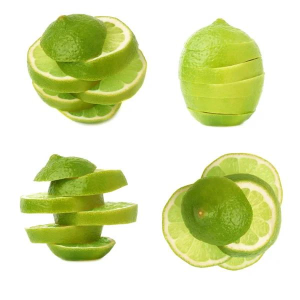 Fresh lime cut in slices isolated over the white background, set of different foreshortenings — Stock Photo, Image