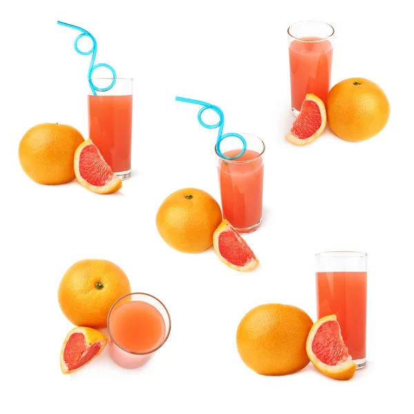 Высокий стакан, наполненный грейпфрутовым соком, голубая изогнутая солома и фрукты, состав выделен на белом фоне — стоковое фото