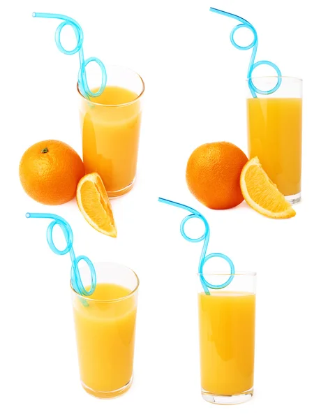 Tall glass filled with the orange juice with curved blue plastic drinking straw inside and fruits, composition isolated, set of different foreshortenings — Stock Photo, Image