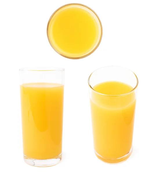 Vetro riempito con il succo d'arancia isolato sullo sfondo bianco, insieme di diversi scorci — Foto Stock