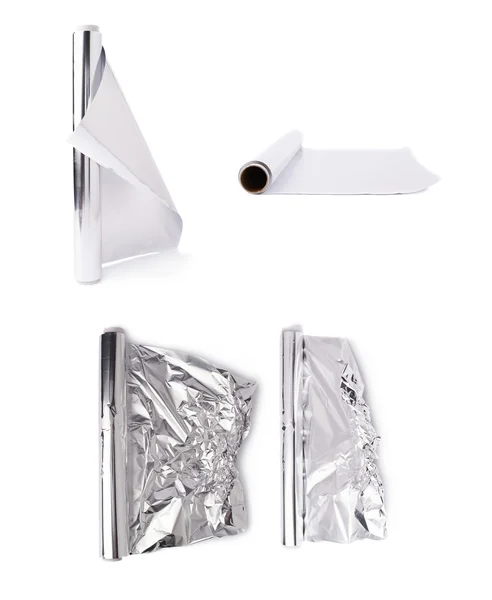 Σύνολο ρολό αλουμινίου foil χαρτί πάνω από απομονωμένες λευκό φόντο — Φωτογραφία Αρχείου