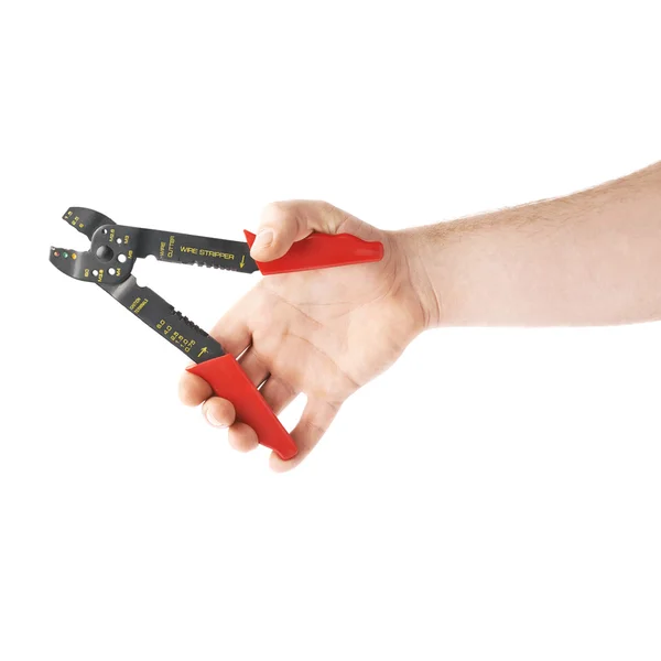 Hand holding a wire stripper tool, composition isolated over the white background — Stock Photo, Image