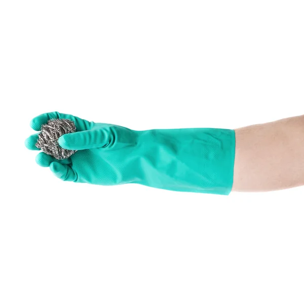 Hand in rubber latex glove holding kitchen sponge over white isolated background — Stock Photo, Image