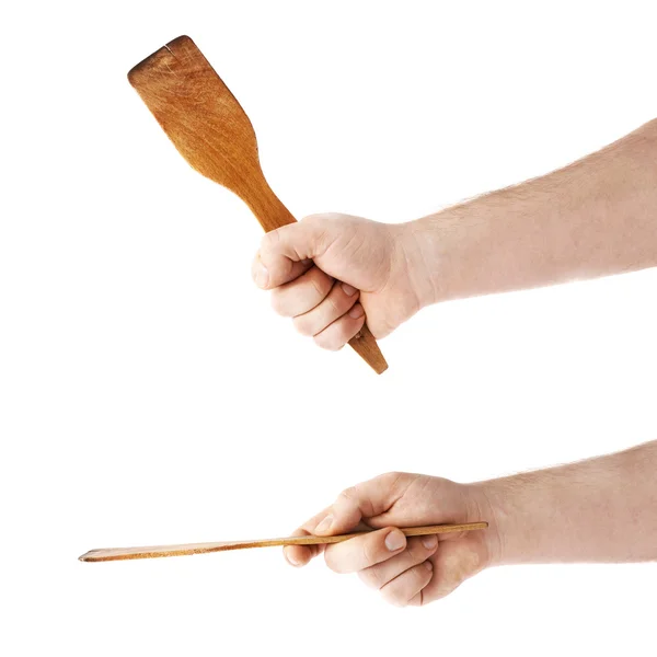Набор рук с деревянной лопаткой, композиция изолирована на белом фоне — стоковое фото