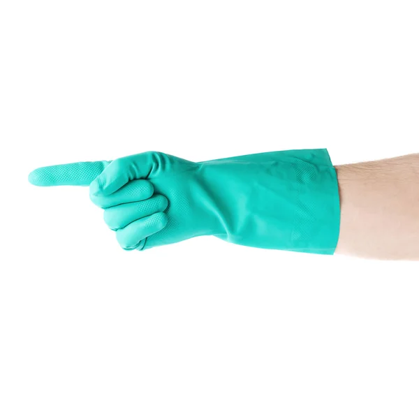 Hand in rubber latex glove with counting one pointing finger sign gesture over white isolated background — Stock Photo, Image