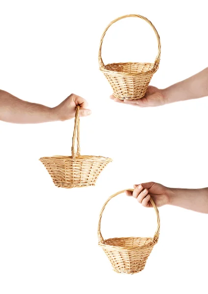Conjunto de mão segurando uma cesta de vime, composição isolada sobre o fundo branco — Fotografia de Stock