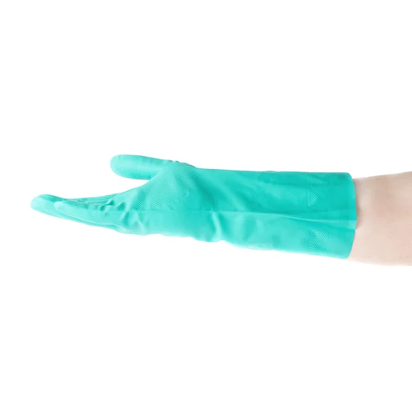 Hand in rubber latex glove with offering gesture over white isolated background — Stock Photo, Image