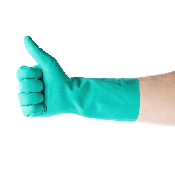Hand in Gummi-Latex-Handschuh mit Fingerhut-Geste über weißem isoliertem Hintergrund — Stockfoto