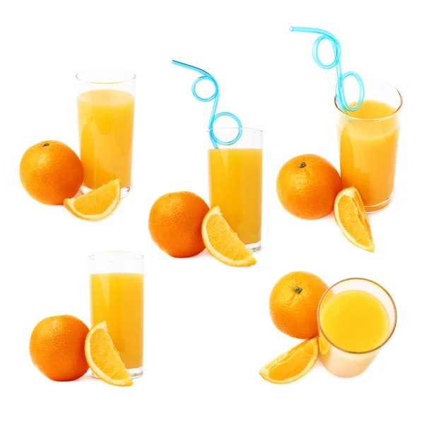 Vidro alto cheio de suco de laranja e frutas, composição isolada, conjunto de diferentes foreshortenings — Fotografia de Stock