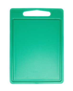 Beyaz arka plan üzerinde izole kullanılmayan plastik yeşil kesme tahtası
