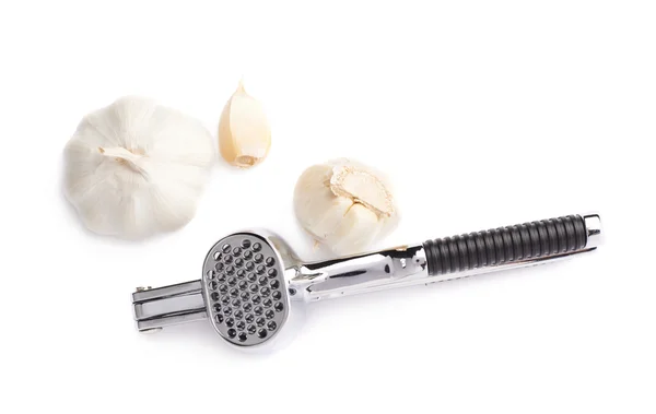 Metal garlic masher isolated over the white background — Stock Photo, Image