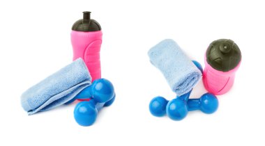 Beyaz arka plan üzerinde izole çift kaplı plastik dumbells kümesi