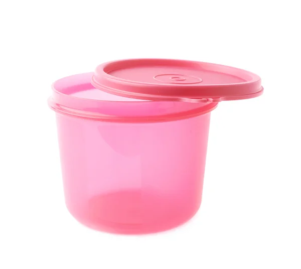 Tazza di plastica beaker rosa isolata sullo sfondo bianco — Foto Stock