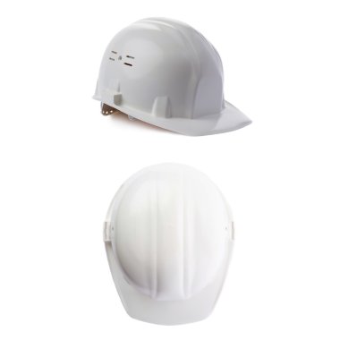 Plastik güvenlik kask izole beyaz arka plan üzerinde kümesi