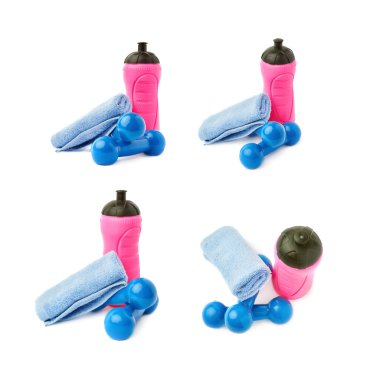 Beyaz arka plan üzerinde izole çift kaplı plastik dumbells kümesi