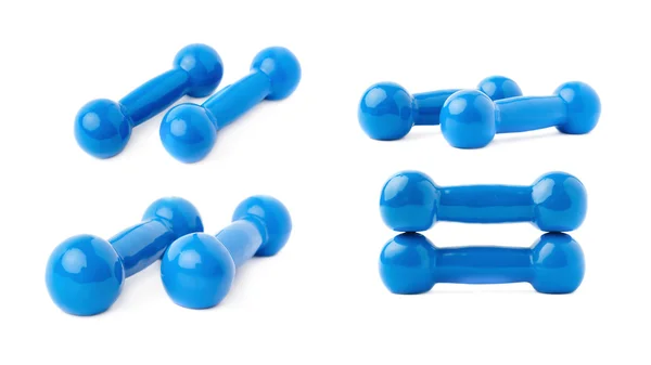 Set paar Plastic bekleed dumbells geïsoleerd op de witte achtergrond — Stockfoto