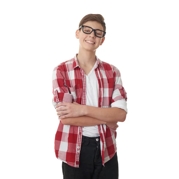 Bonito adolescente menino sobre branco isolado fundo — Fotografia de Stock