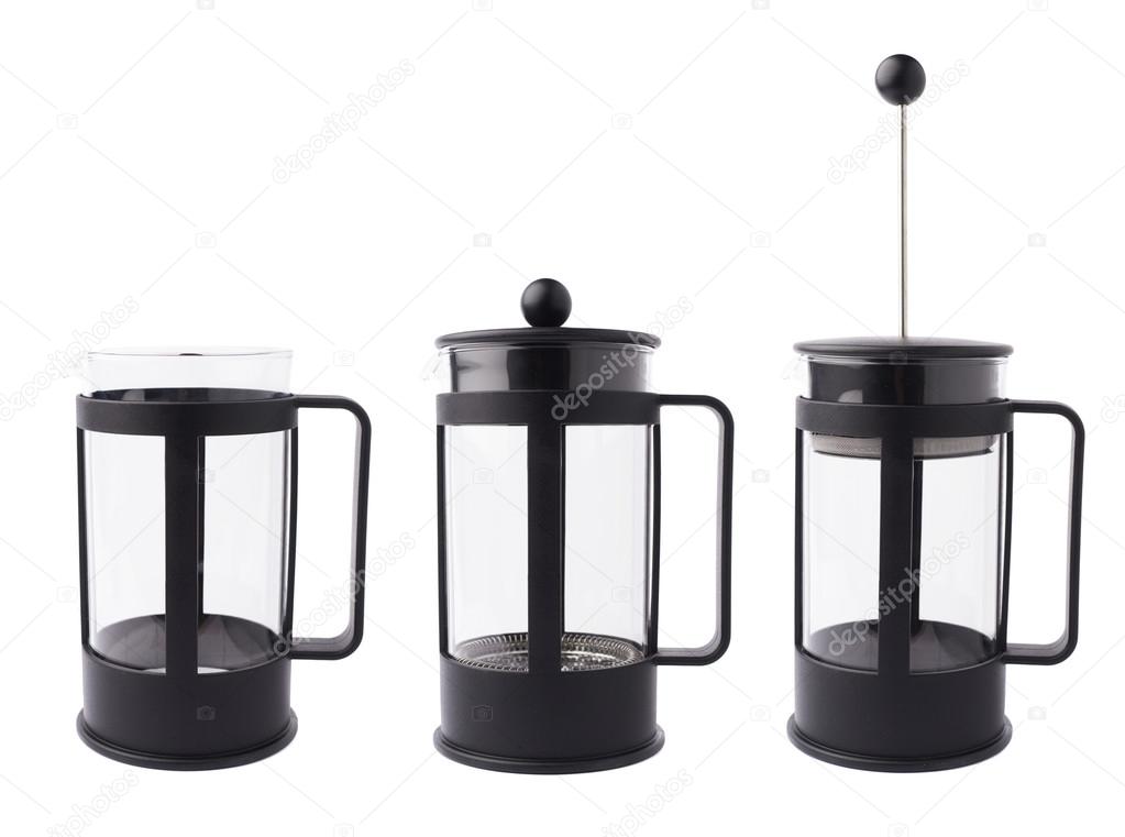 French press pot coffee maker composition isolated over the white background