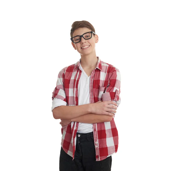 Bonito adolescente menino sobre branco isolado fundo — Fotografia de Stock