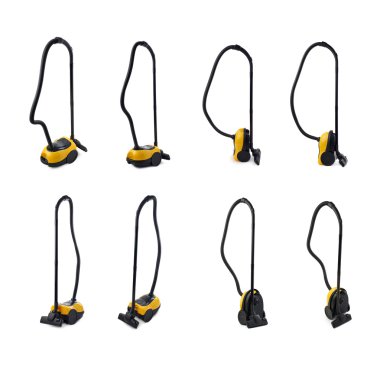 Elektrikli süpürge izole beyaz arka plan üzerinde kümesi