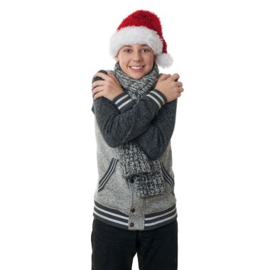 Sevimli genç çocuk beyaz izole arka plan üzerinde gri süveterli