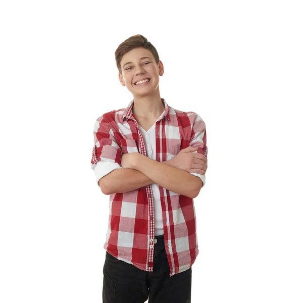 Aranyos tizenéves fiú felső fehér elszigetelt háttér — Stock Fotó