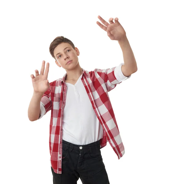 Bonito adolescente menino sobre branco isolado fundo — Fotografia de Stock